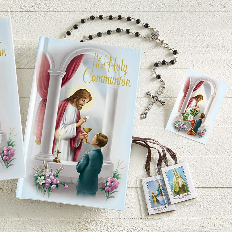 First Communion boxed set for boys with Mass book, jet glass rosary, scapular and lapel pin