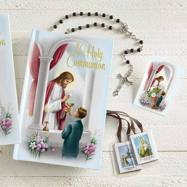 First Communion boxed set for boys with Mass book, jet glass rosary, scapular and lapel pin