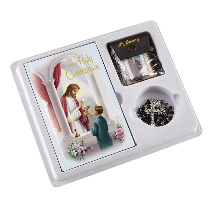 First Communion boxed set for boys with Mass book, jet glass rosary, scapular and lapel pin