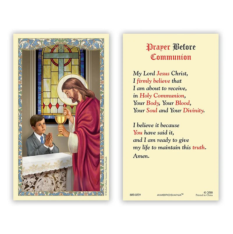 First Communion Boy Holy Card featuring a young boy kneeling before Jesus with the Eucharistic chalice in traditional Catholic artwork.