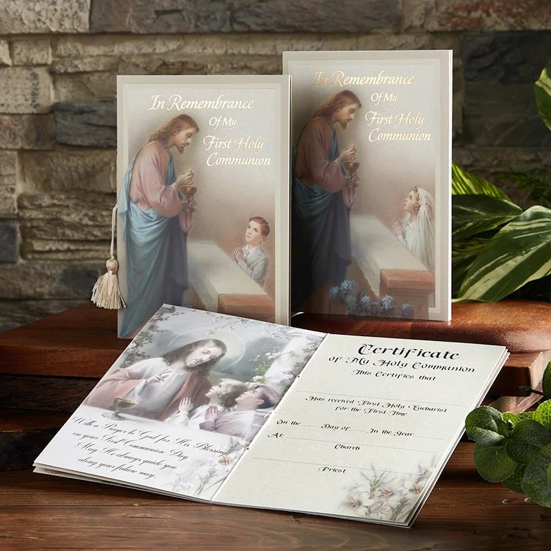 First Communion certificate card for boys with gold foil and decorative tassel