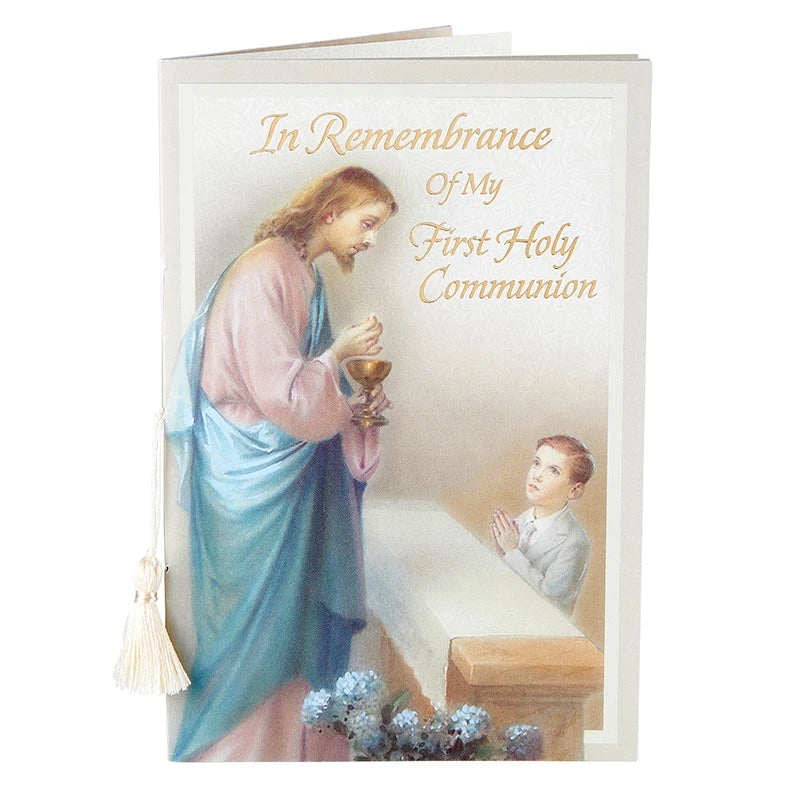 First Communion certificate card for boys with gold foil and decorative tassel