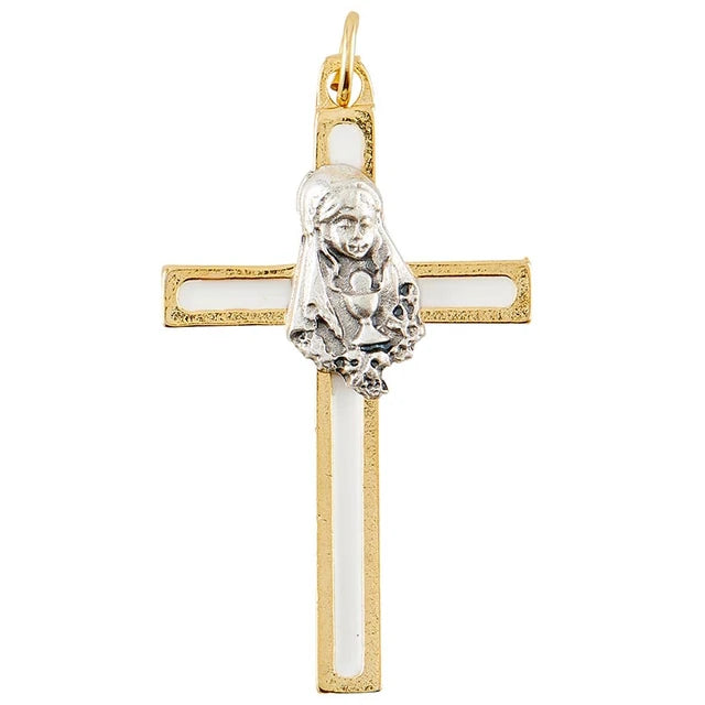 First Communion cross pendant for girl with gold plated finish and white enamel inlay