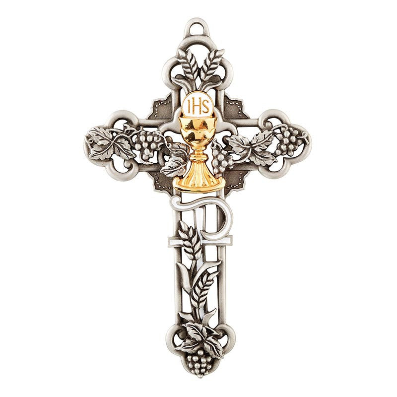 First Communion enamel chalice cross with silver-plated pewter finish