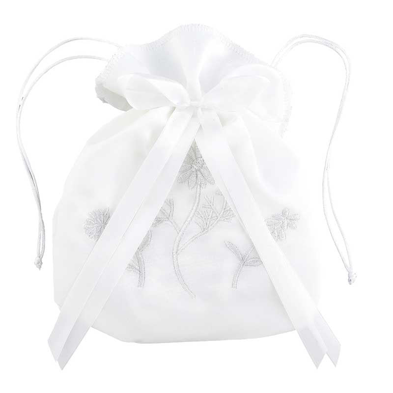 First Communion floral drawstring purse for girls with embroidered flowers and satin bow