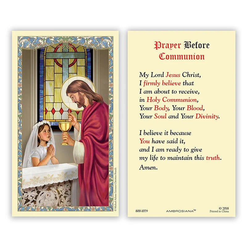 First Communion Girl Holy Card featuring a girl in a white veil kneeling before Jesus with the Eucharistic chalice in traditional Catholic artwork.