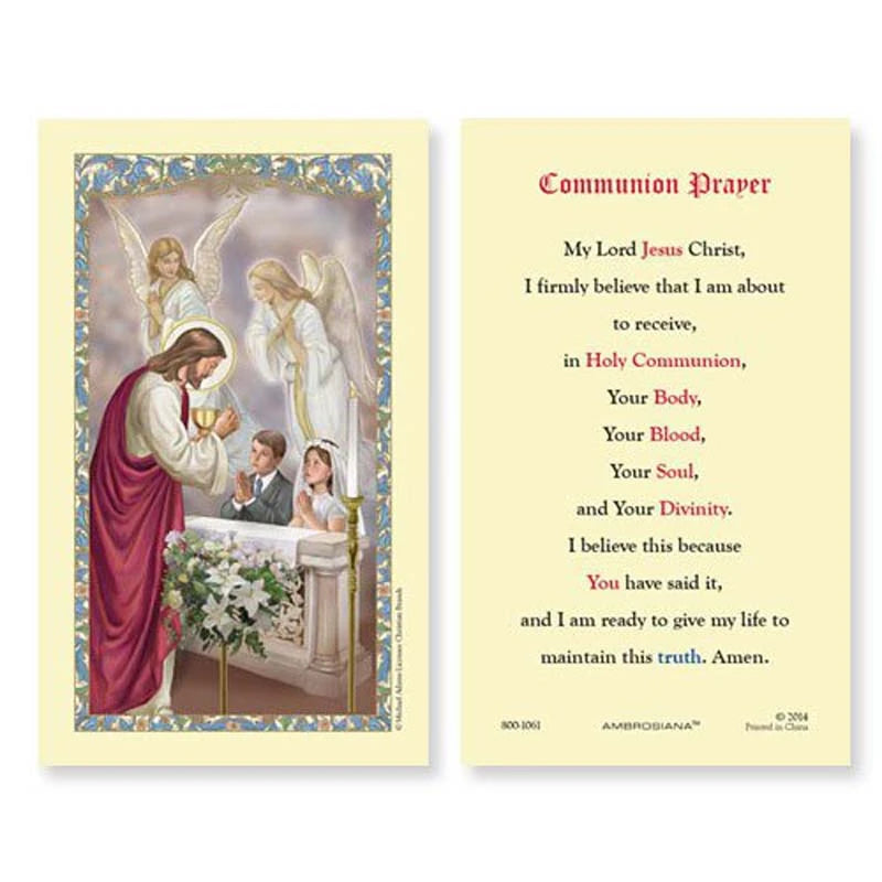 First Communion Laminated Holy Card featuring a child receiving the Eucharist with traditional Catholic artwork and gold-accent devotional design.