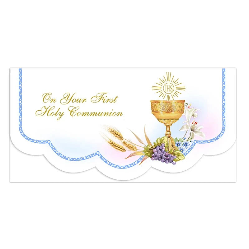 First Communion money holder card with Italian Catholic artwork and gold foil accents