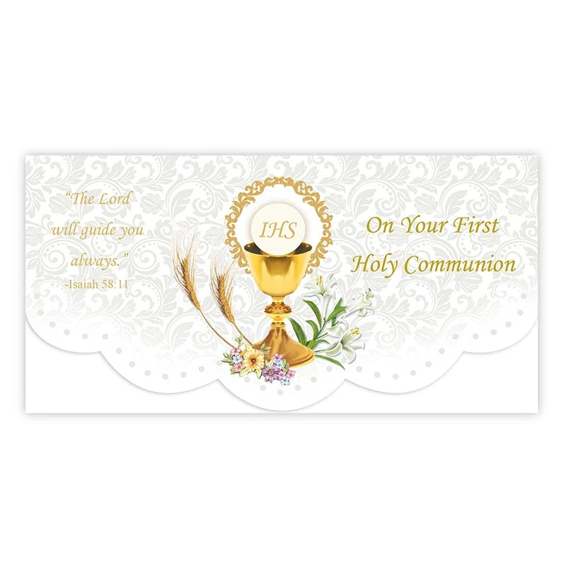 First Communion money holder card with classic Italian artwork and gold foil accents