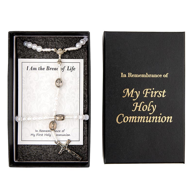 First Communion necklace and bracelet set for girls with pearl beads and silver-plated crucifix