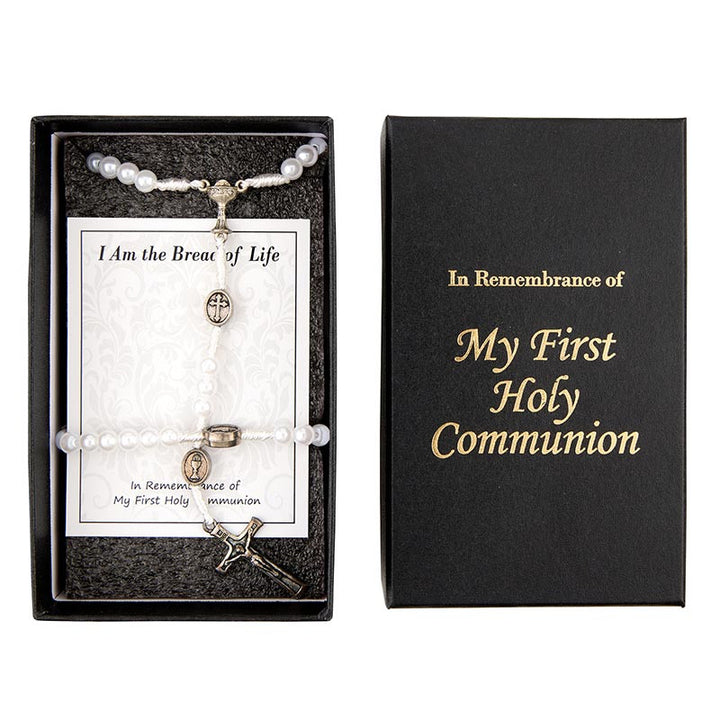 First Communion necklace and bracelet set for girls with pearl beads and silver-plated crucifix