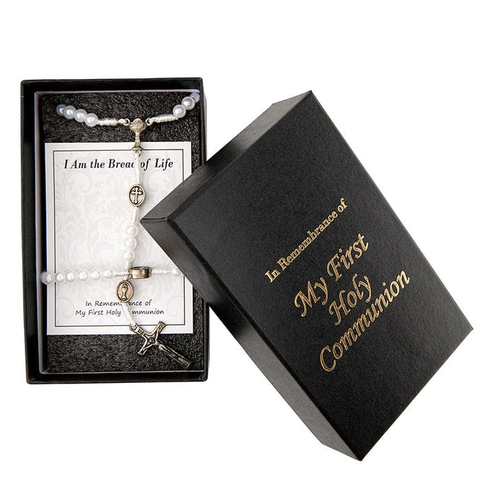 First Communion necklace and bracelet set for girls with pearl beads and silver-plated crucifix