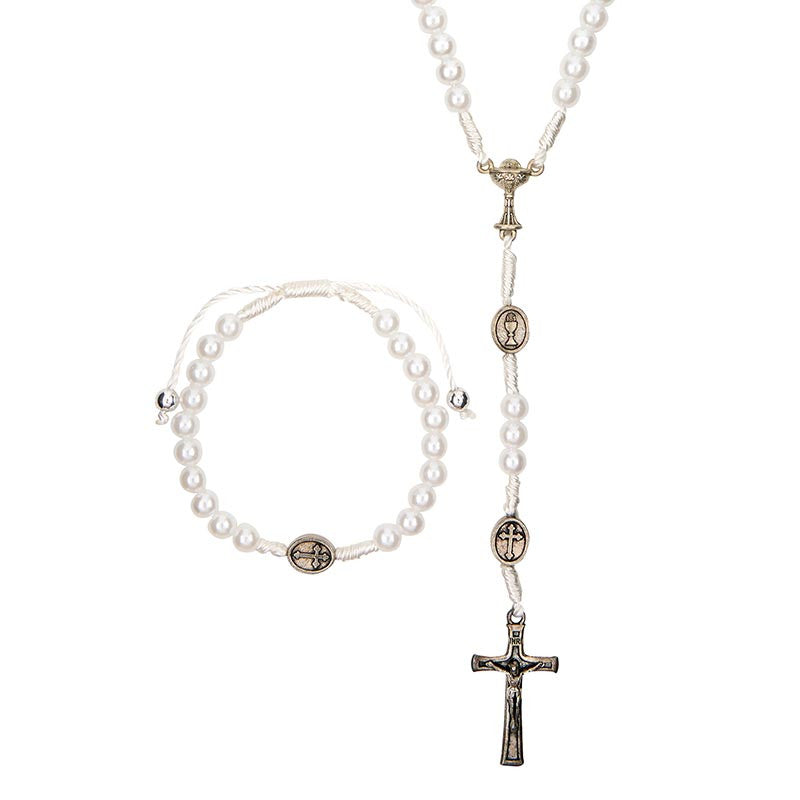 First Communion necklace and bracelet set for girls with pearl beads and silver-plated crucifix