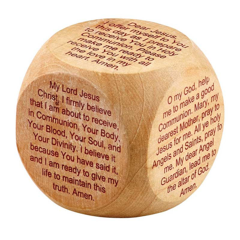 Wooden First Communion prayer cube with six Catholic prayers for children