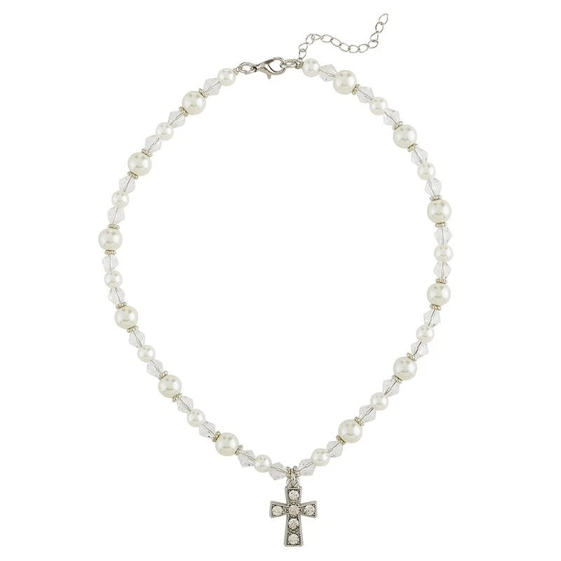 First Communion rhinestone pearl necklace with cross pendant and iridescent white beads