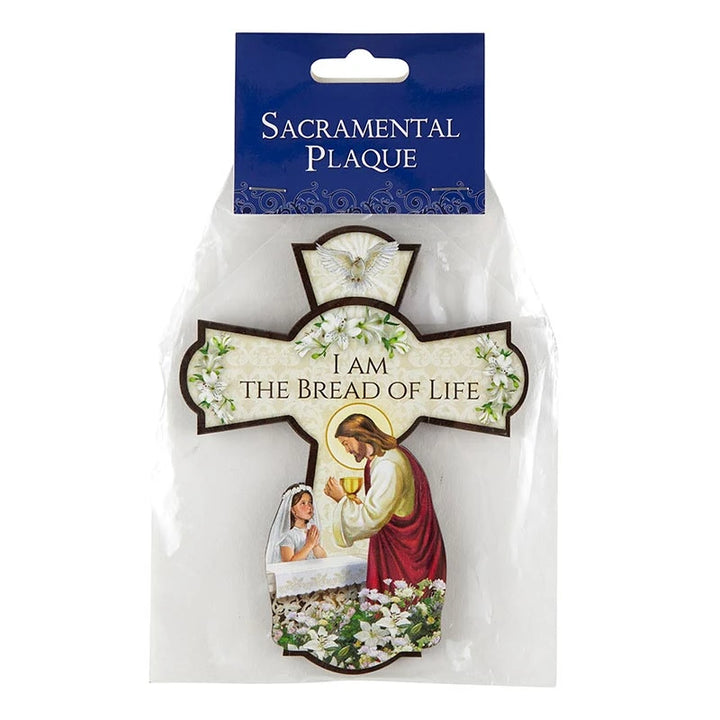 First Communion wall cross for girl with Michael Adams and bread of life message