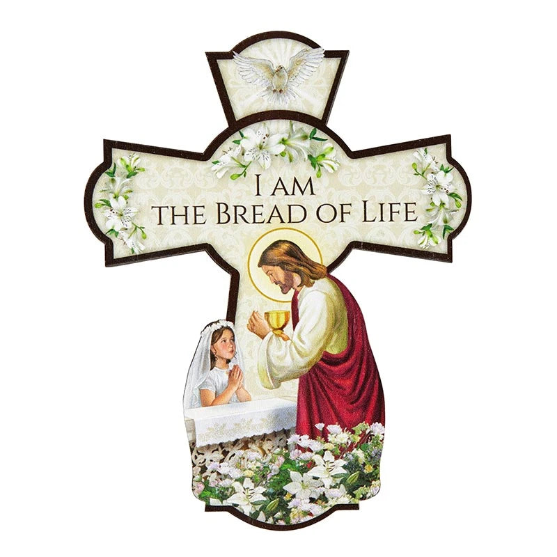 First Communion wall cross for girl with Michael Adams artwork and bread of life message