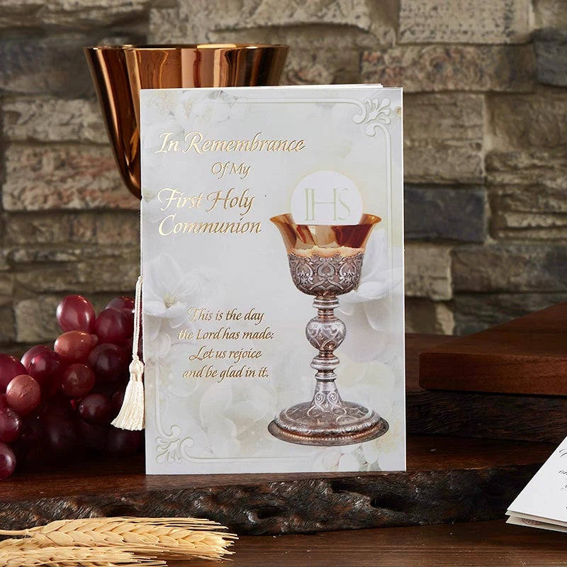 First Communion certificate card with chalice, gold foil and white tassel