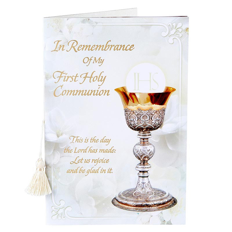 First Communion certificate card with chalice, gold foil and white tassel