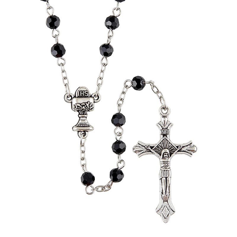 First Communion Black Glass Pearl Rosary