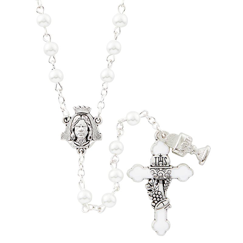 First Communion Rosary - White Enamel