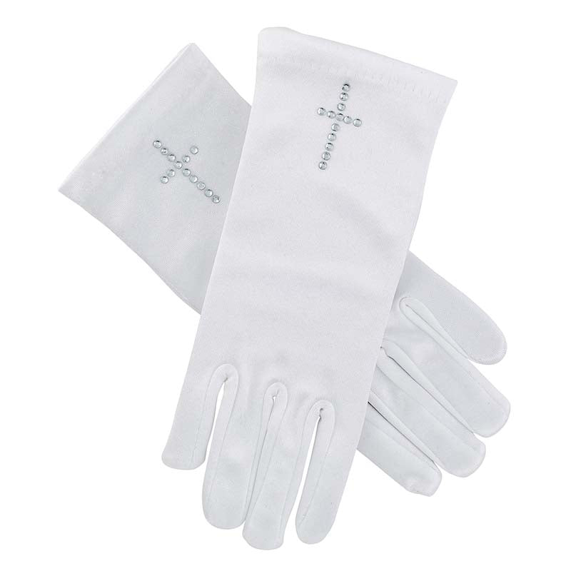 First Communion Satin Gloves w/ Pearl Cross
