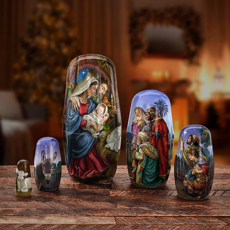 Michael Adams wooden Nativity nesting set for family Christmas traditions, religious décor, and gifting.
