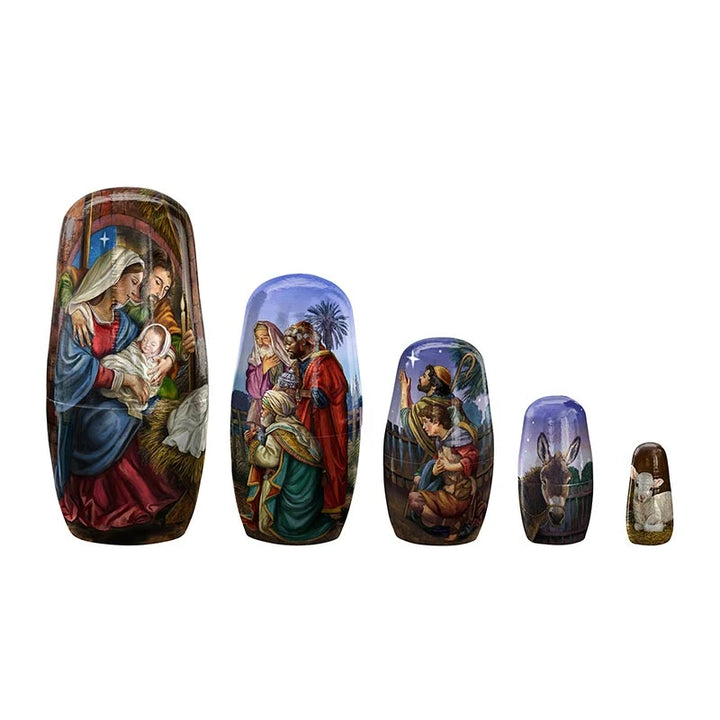 Five-piece wooden nesting Nativity set featuring Michael Adams Christmas artwork.