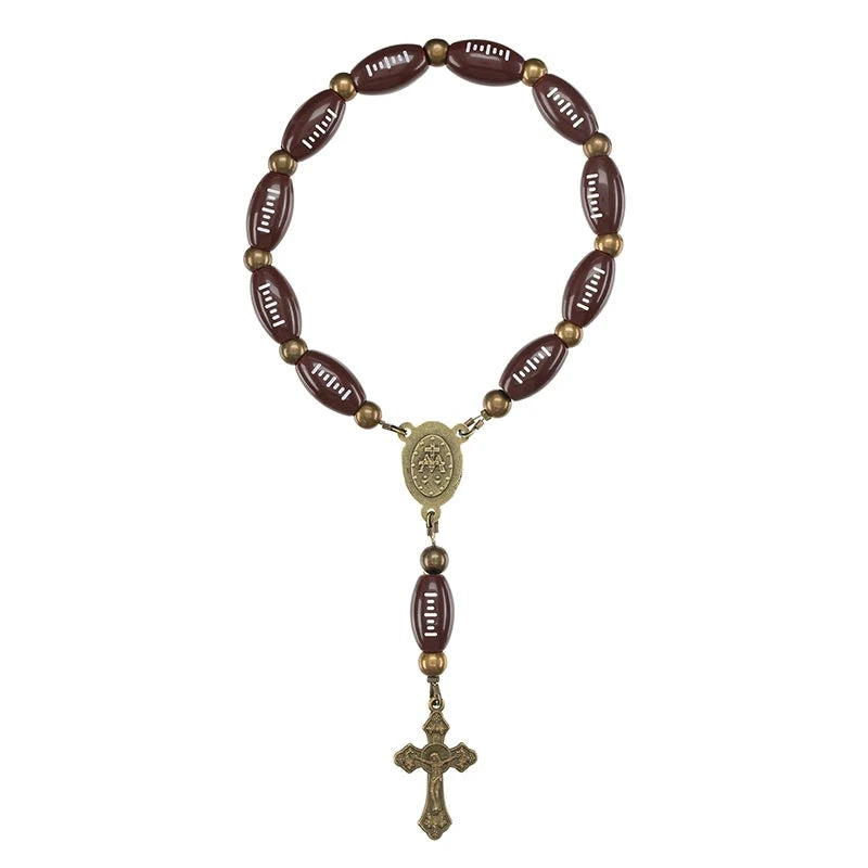 Football One Decade Rosary with 8 mm football beads, and crucifix for Catholic players and sports prayer.