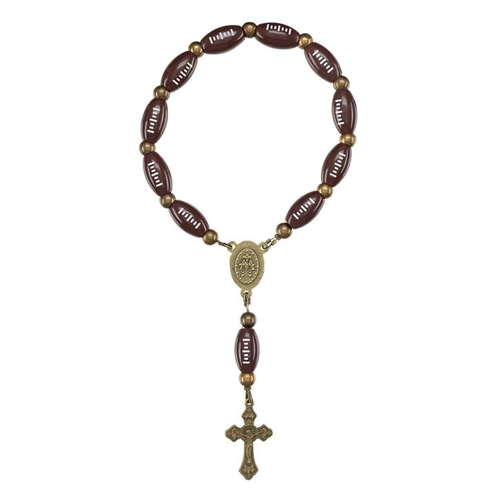 Football One Decade Rosary with 8 mm football beads, and crucifix for Catholic players and sports prayer.