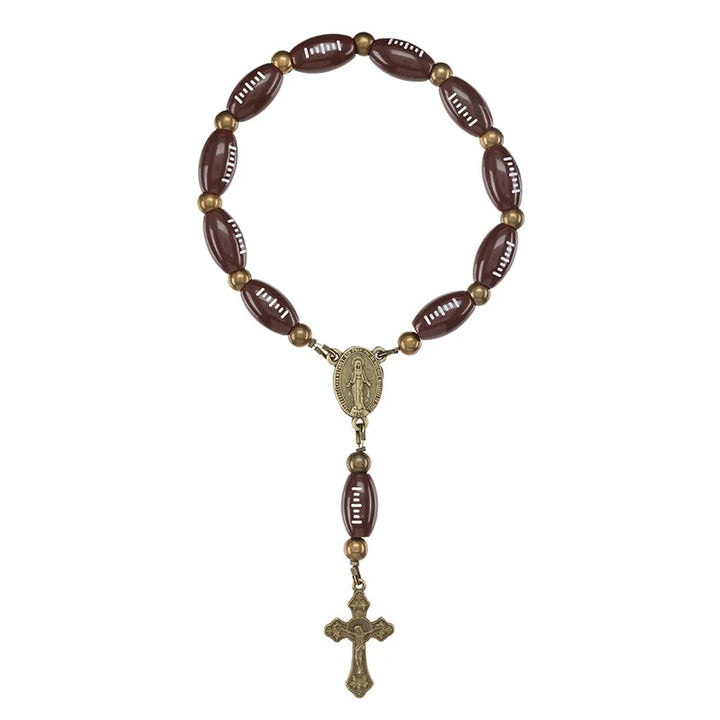 Football One Decade Rosary with 8 mm football beads, cord construction, and crucifix for Catholic players and sports prayer.