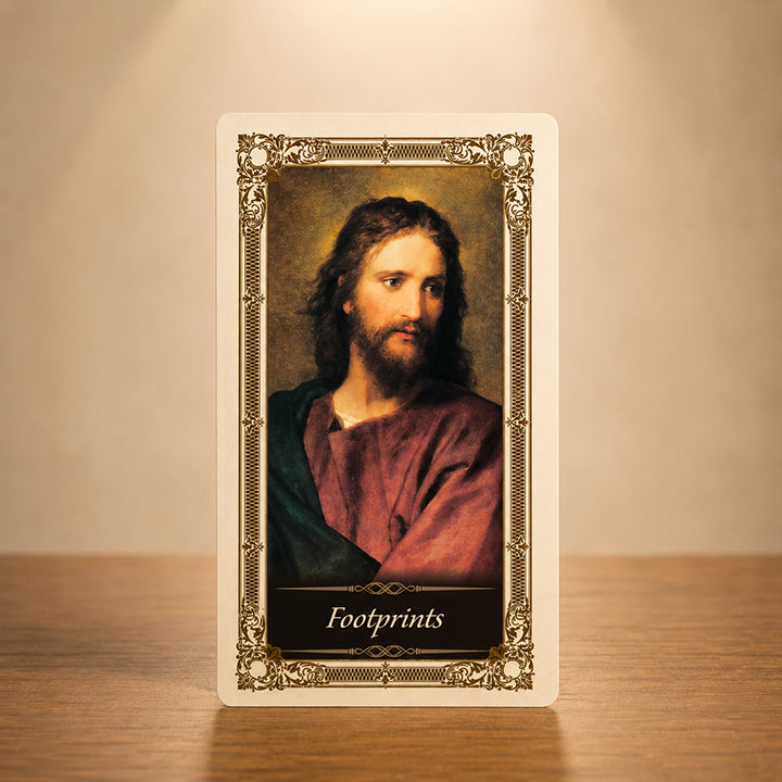 Footprints Kilgarlin Laminated Prayer Card featuring a classic portrait of Jesus with gold accents and Christian devotional artwork.