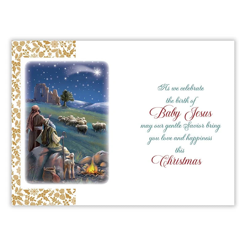 Catholic Christmas greeting card celebrating the birth of Baby Jesus with a message of love and happiness.