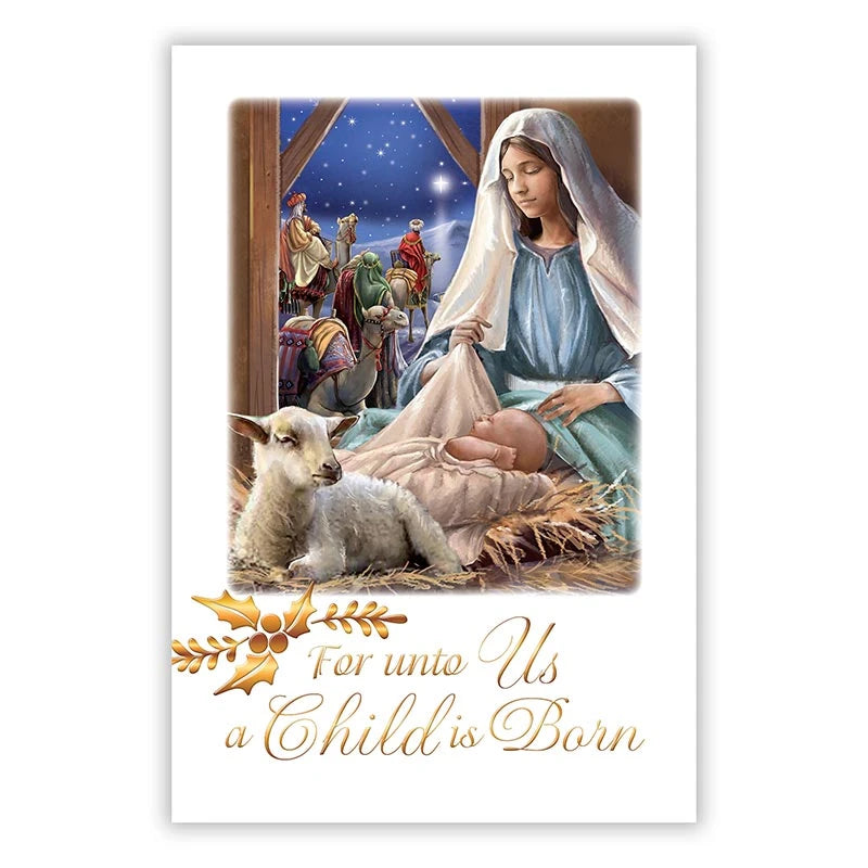 For Unto Us a Child Is Born Christmas Card with elegant gold foil embossed Catholic design.