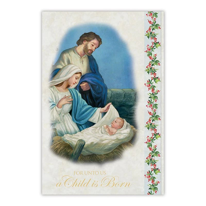 For Unto Us a Child Is Born Priest Christmas Card by Alfred Mainzer with classic Catholic artwork and gold foil accents.