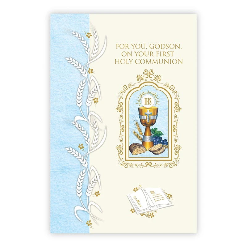 First Communion card for godson with Catholic Italian artwork and gold foil accents