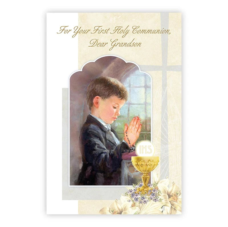 First Communion card for grandson with Catholic Italian artwork and gold foil accents
