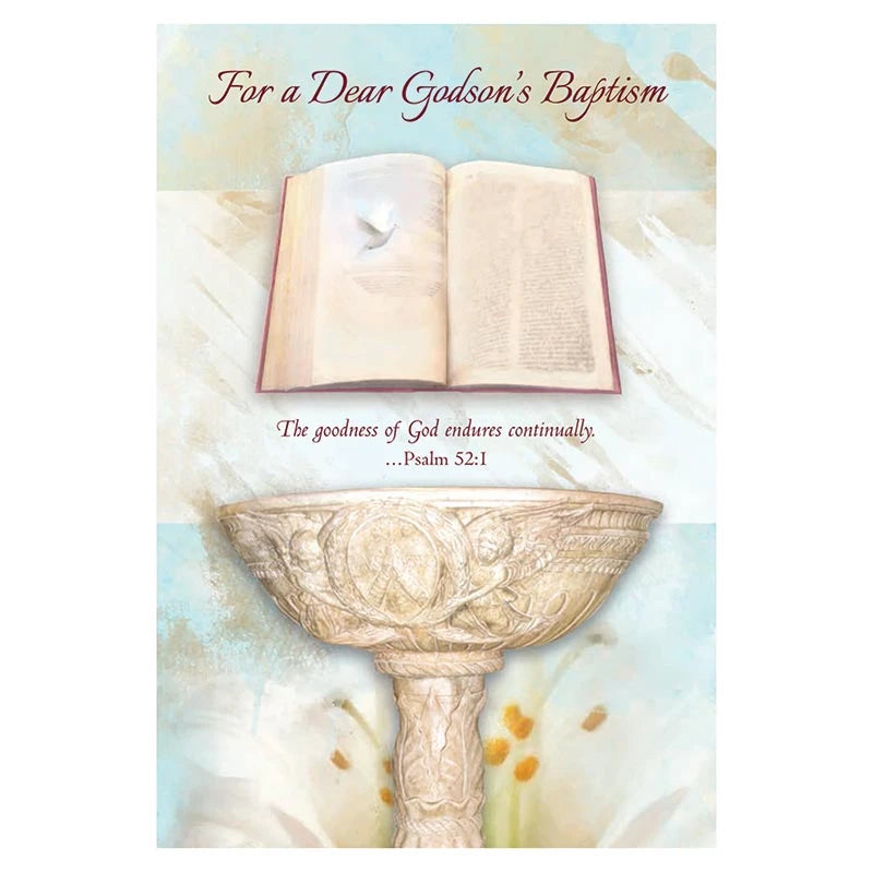 For a Dear Godson's Baptism Card with gold foil embossed design and Catholic blessing for a godson’s Baptism or christening.