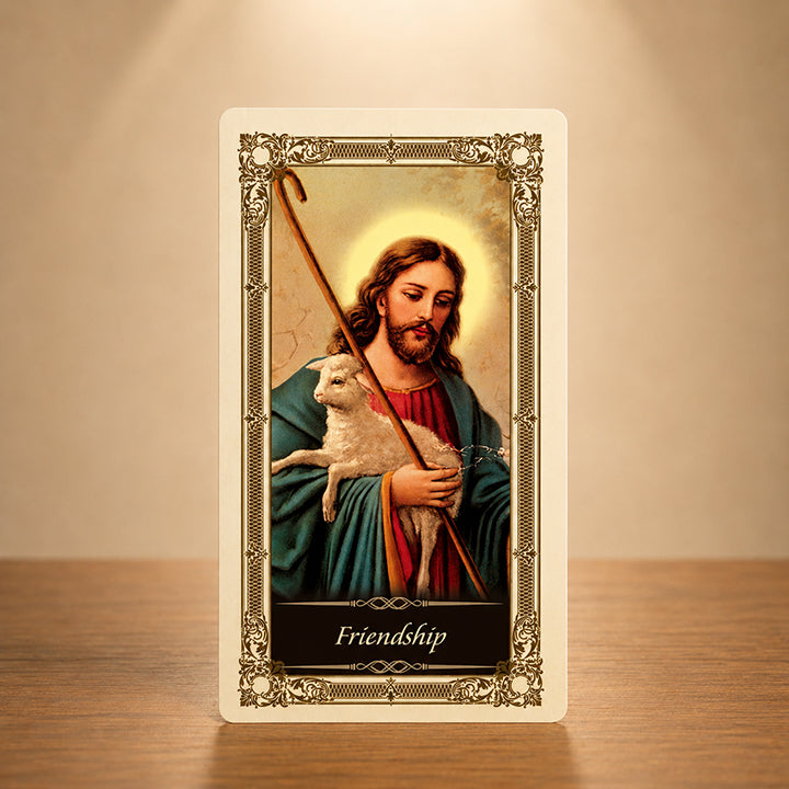 Friendship prayer card with Jesus as the Good Shepherd Catholic artwork