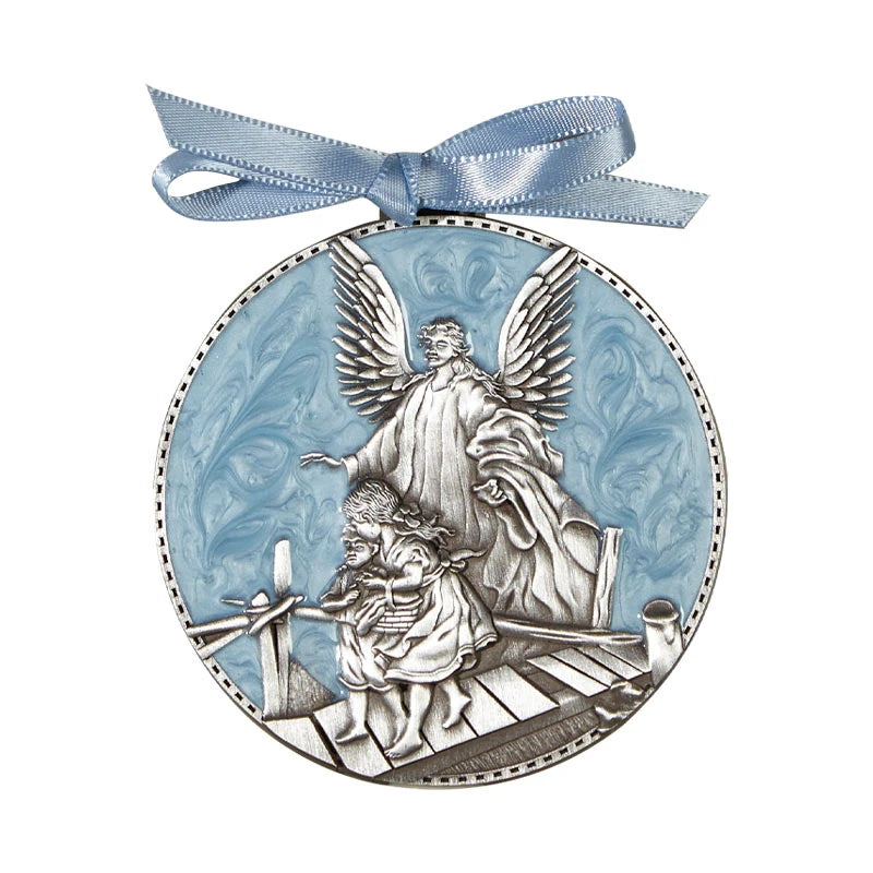 Blue Guardian Angel crib medal with blue enamel, ribbon, and kiddie rosary for baby boys
