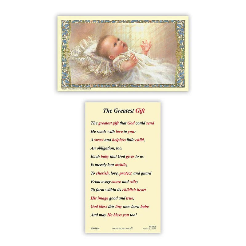Baptism The Greatest Gift laminated Catholic holy card by Geffert with gold foil stamped religious artwork, available in a pack of 25.