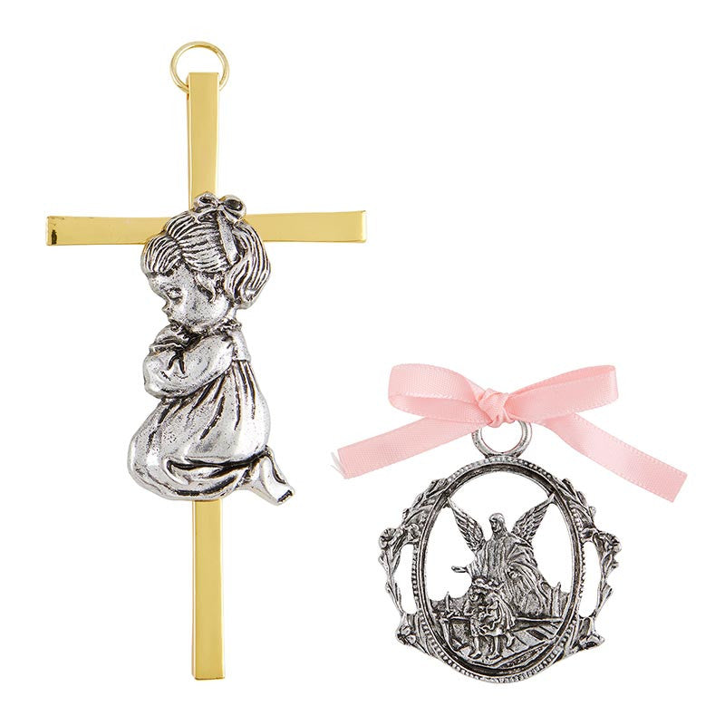 Girl cross and Guardian Angel crib medal set with pink ribbon for Baptism gift