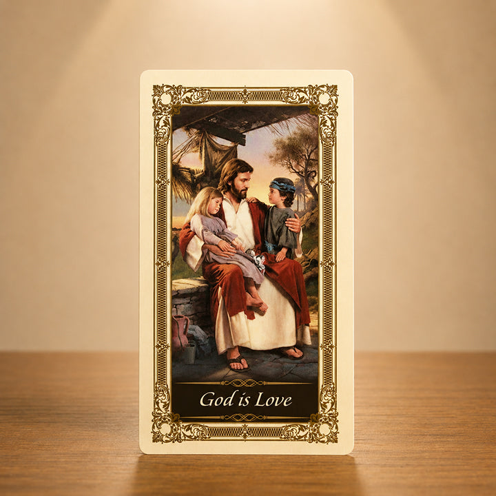 God is Love prayer card with Jesus and children Catholic artwork