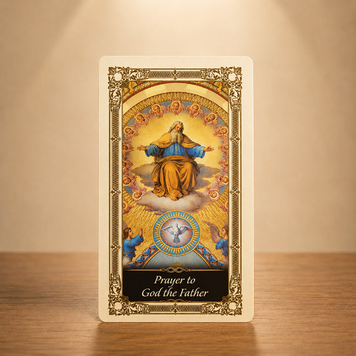 God the Father Prayer Card with traditional Catholic Holy Trinity artwork