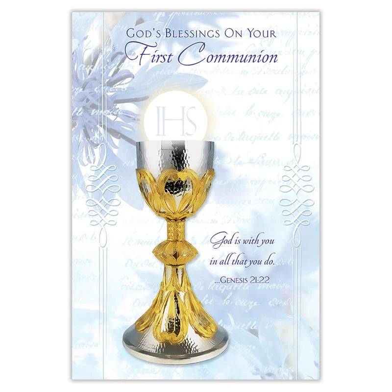 God's Blessings First Communion card with gold foil embossed Catholic design