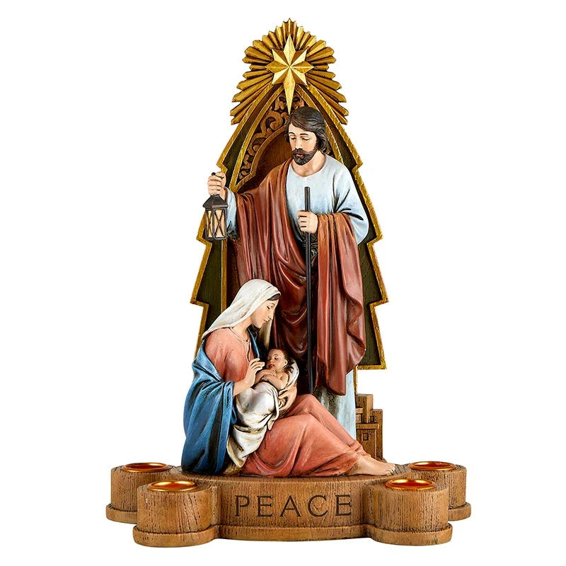 Good News Advent Candleholder featuring a detailed resin Nativity scene and special Christmas message plaque.