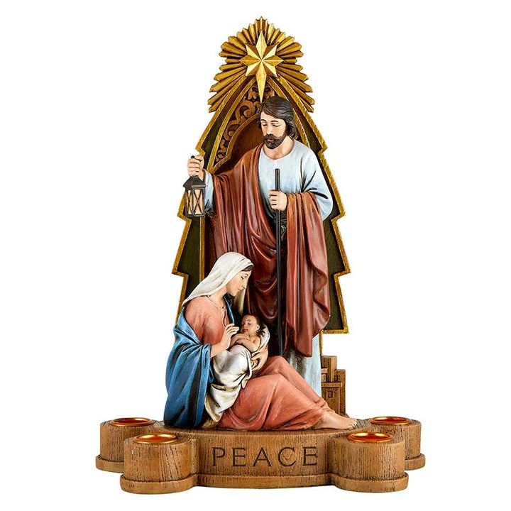 Good News Advent Candleholder featuring a detailed resin Nativity scene and special Christmas message plaque.