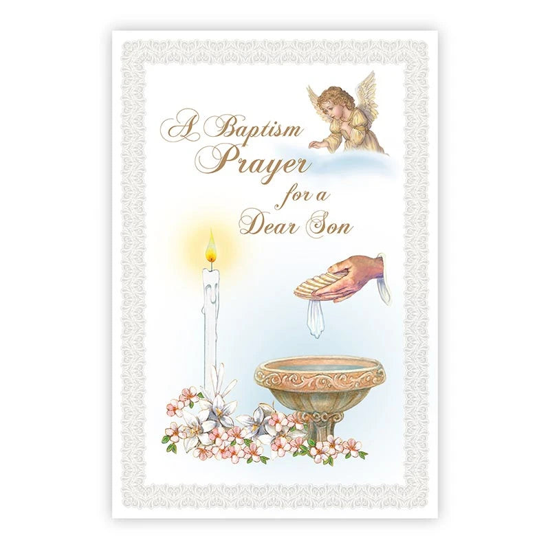 Alfred Mainzer Baptism Prayer for a Dear Son Greeting Card N0200 featuring gold foil detailing and a heartfelt Catholic Baptism blessing.