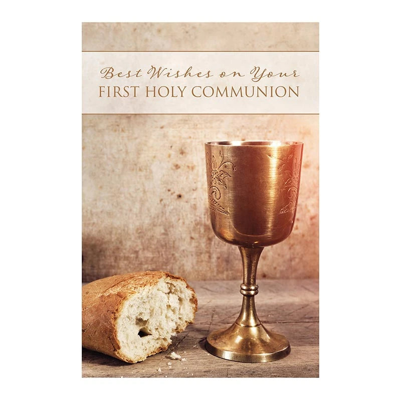 Best wishes First Holy Communion greeting card with Catholic artwork and gold foil accents