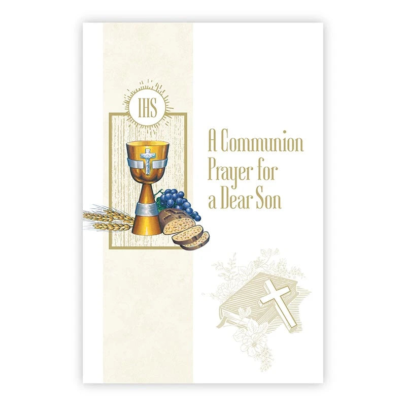 First Communion greeting card for son with Catholic artwork and gold foil accents